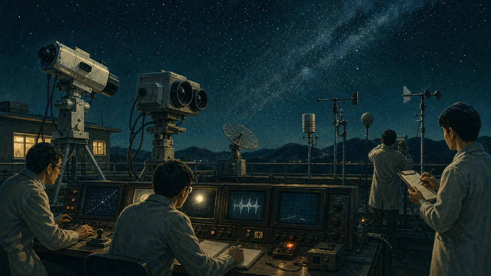 1980年代の天文台風に描いた、複数センサーで夜空を観測する研究ステーション