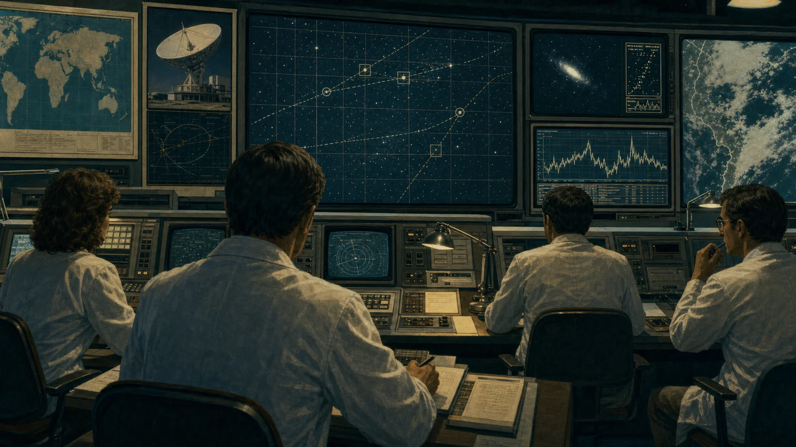 1980年代のNASA管制室風に描いた、空のデータを解析する科学者たち