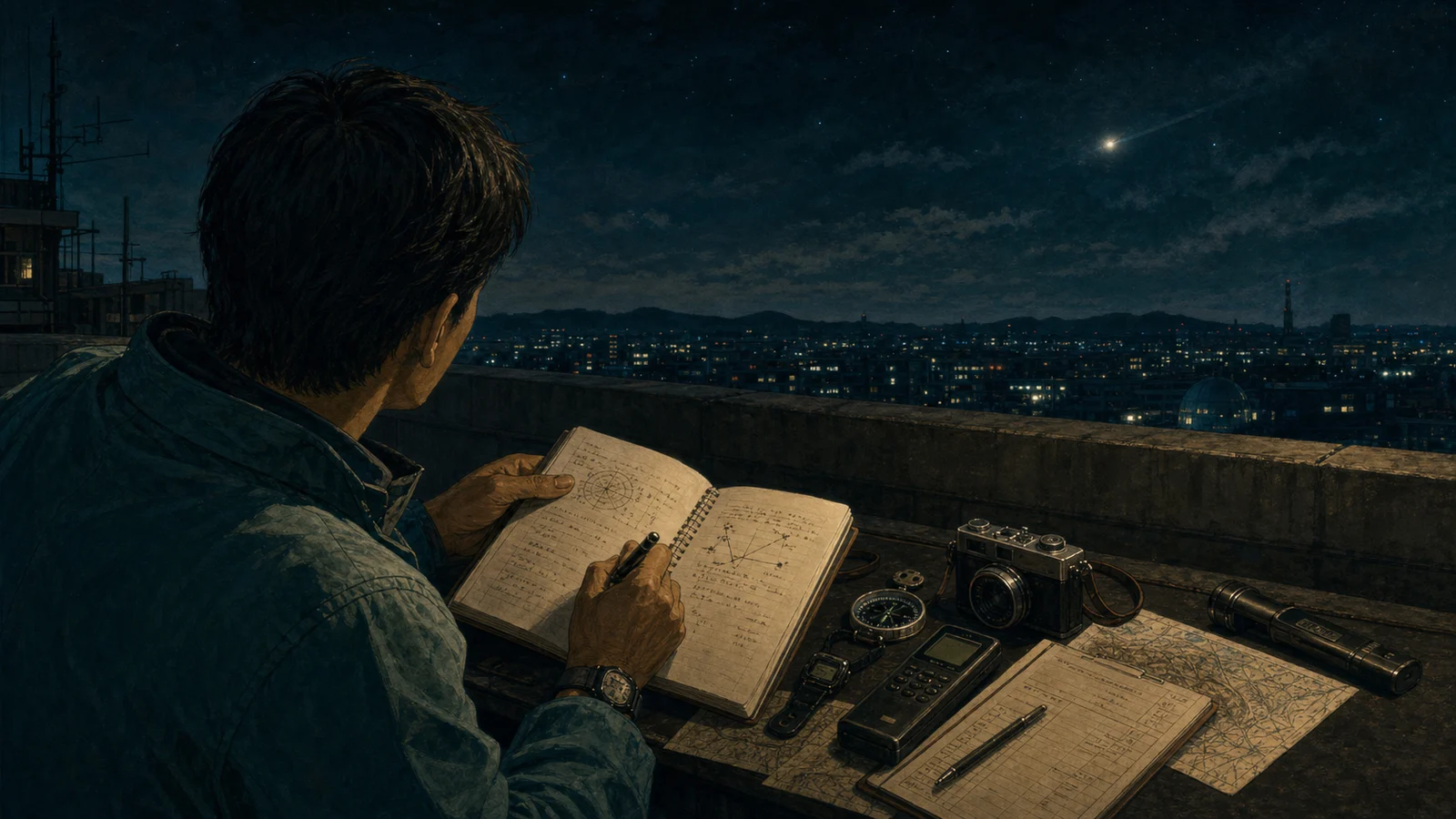 1980年代の観測ノート風に描いた、方位コンパスと夜空の記録メモ