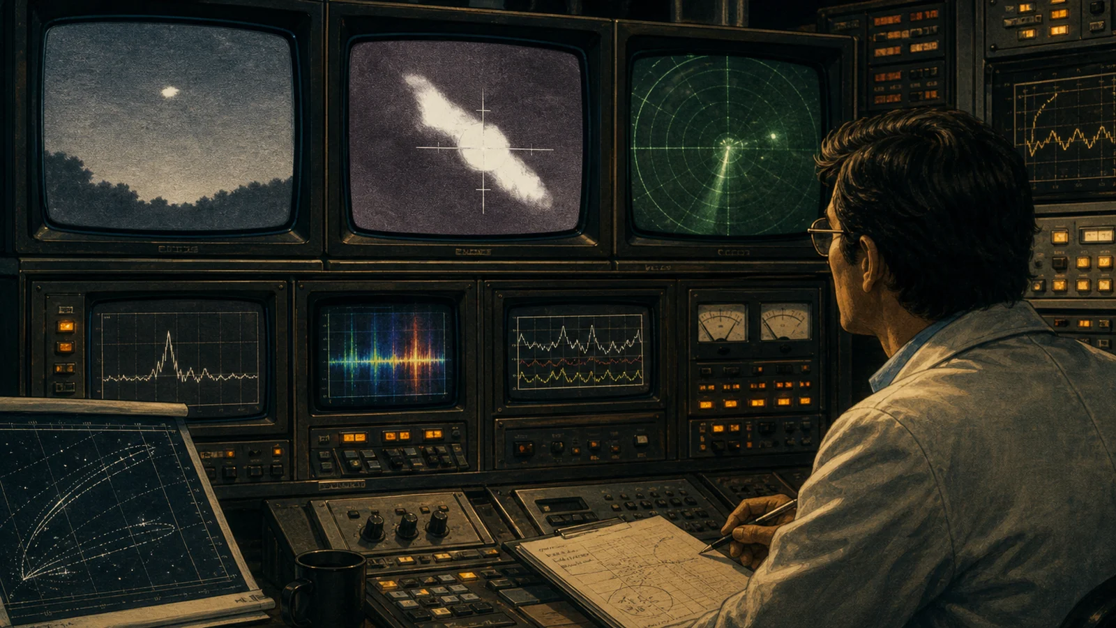 1980年代の解析室風に描いた、複数センサーで空の映像を調べるモニター群