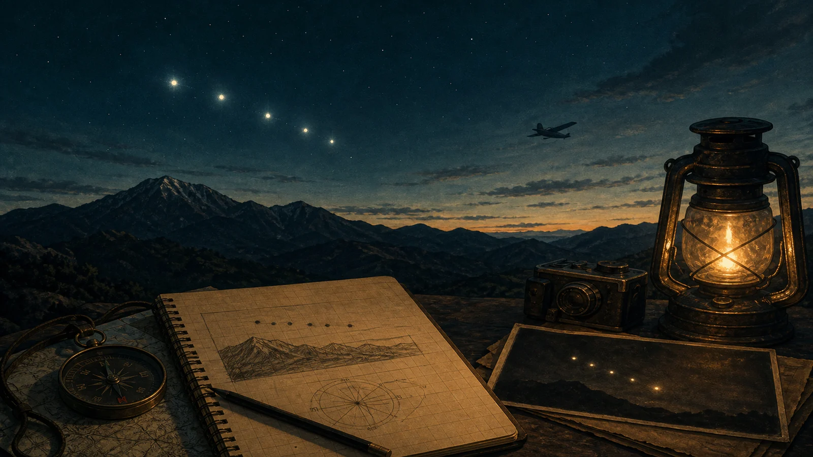 1980年代の科学雑誌風に描いた、夜空の光と調査ファイルのコラージュ